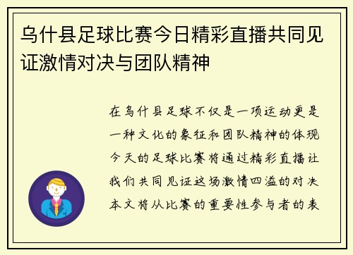 乌什县足球比赛今日精彩直播共同见证激情对决与团队精神